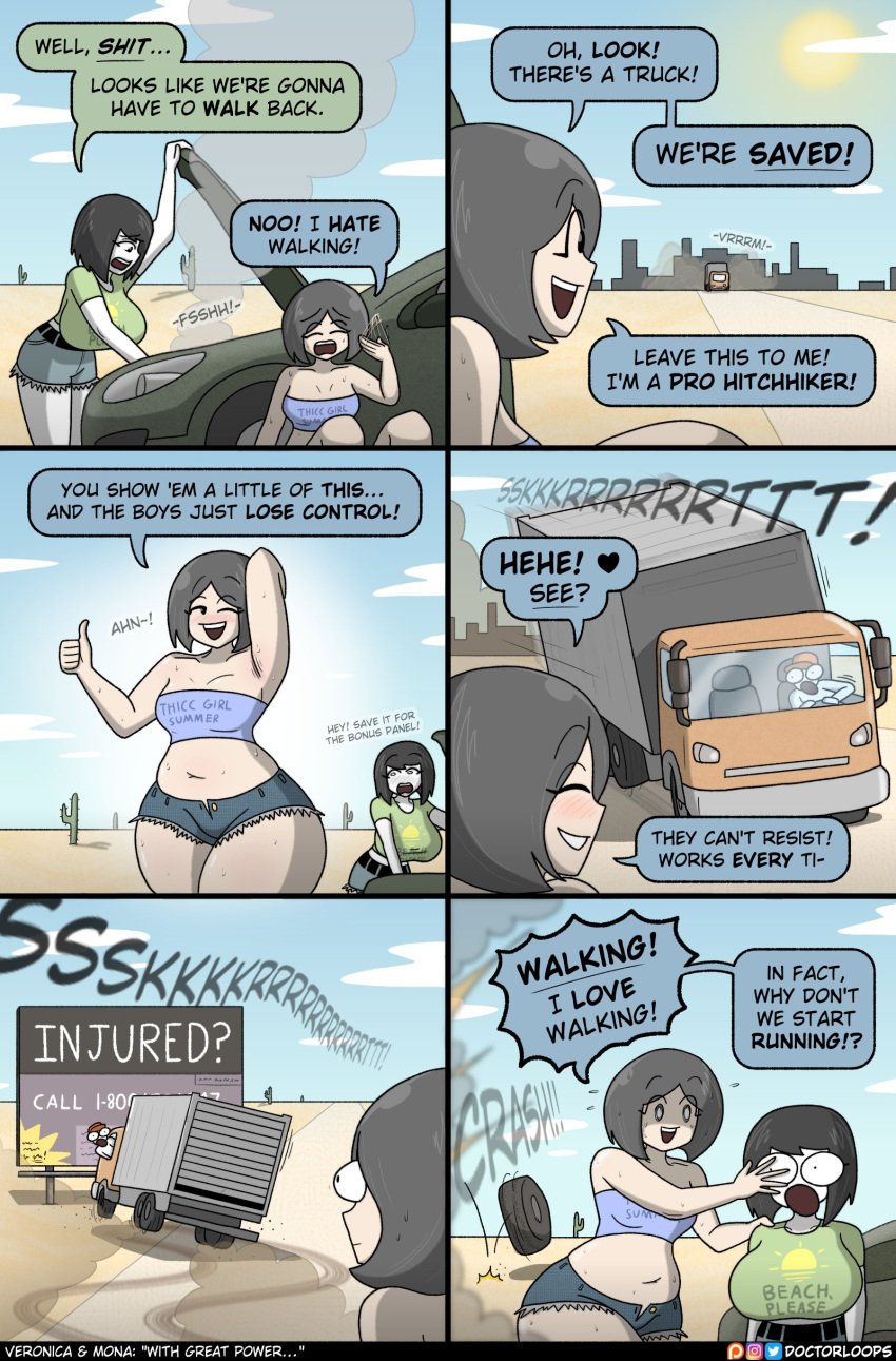 2d arms_up artist_name big_breasts booty_shorts comedy comic doctorloops english_text female huge_ass huge_breasts humor mona_(doctorloops) speech_bubble sweat sweating tagme tagme_(character) text text_bubble thick_thighs veronica_(doctorloops) veronica_and_mona