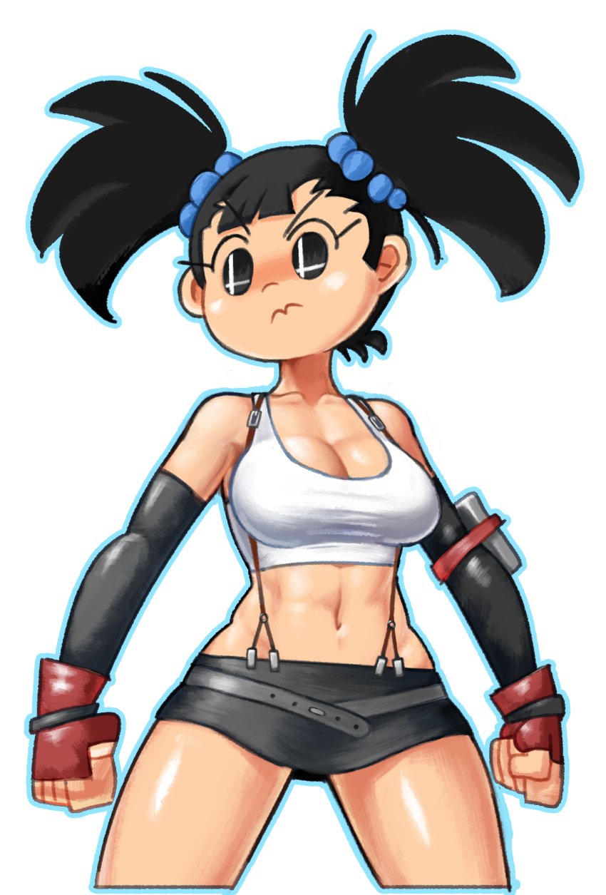 angry bare_legs bare_shoulders belt black_hair black_skirt breasts clavicle cosplay cowboy_shot elbow_gloves elbow_pads female final_fantasy final_fantasy_vii fingerless_gloves genderswap medium_breasts mii mii_brawler mii_fighter_costume miniskirt minus8 mob_face muscle muscular_female navel nintendo rule_63 shiny_skin simple_background skirt sleeveless smash_ball solid_circle_eyes solo super_smash_bros. suspenders tank_top tifa_lockhart tifa_lockhart_(cosplay) twintails white_background white_tank_top