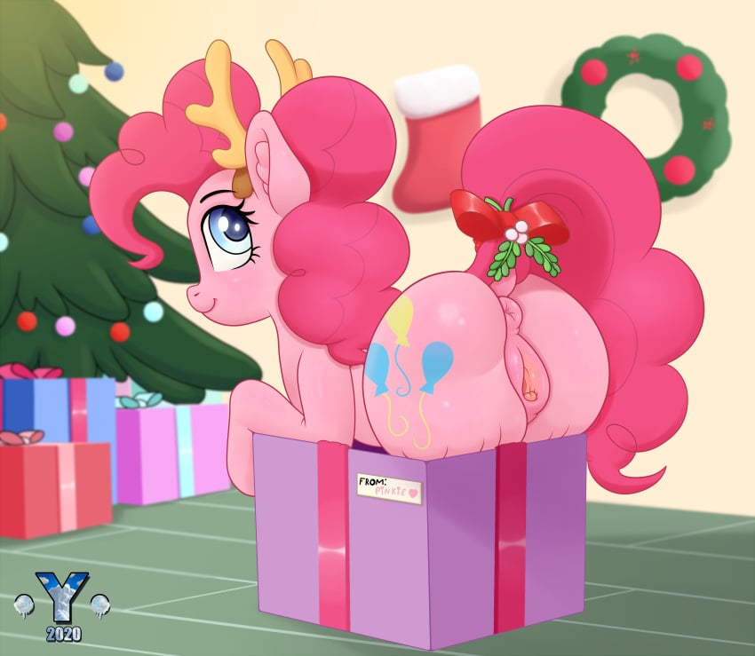 2020 absurd_res anus ass balloons big_butt blue_eyes christmas christmas_tree curly_hair cutie_mark equid equine female feral friendship_is_magic genitals gift hasbro hi_res holidays horse mammal mistletoe my_little_pony pink_hair pink_mane pink_skin pinkie_pie_(mlp) plant pony presents puffy_anus pussy smile solo tail text tree yellowcrom