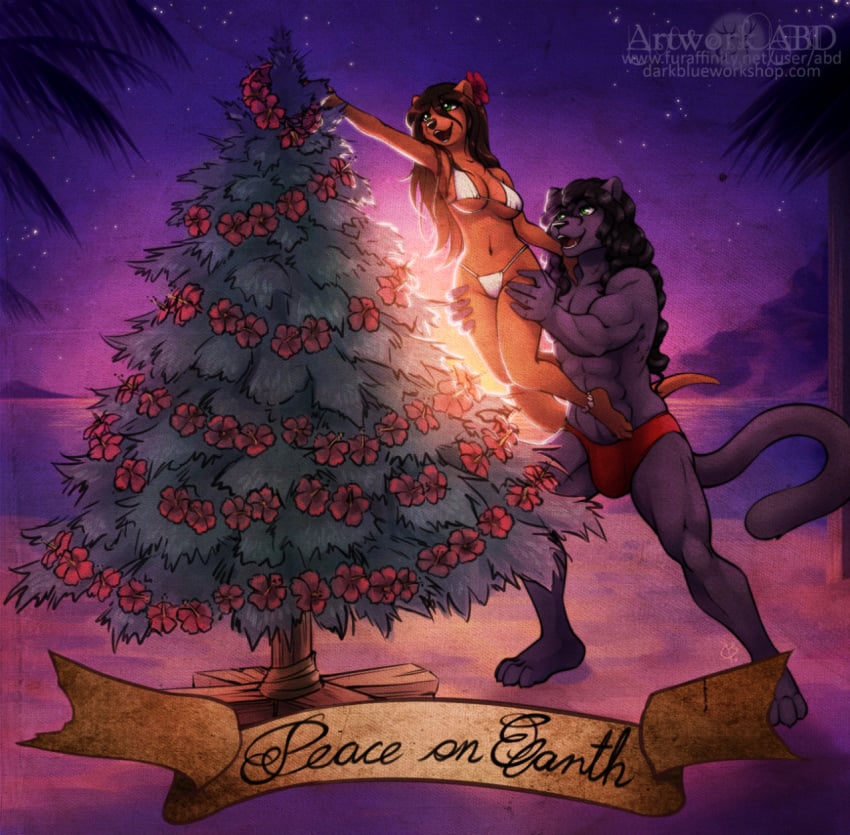 2015 abluedeer aidan_(koyote) anthro bikini black_body black_fur black_hair brown_body brown_fur brown_hair christmas christmas_tree clothing duo felid female fur hair hi_res holidays lei-lani lutrine male mammal mustelid plant straight swimwear tree