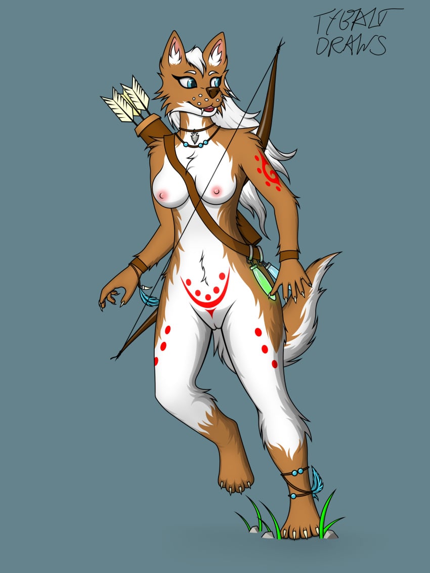 4_toes 5_fingers absurd_res anklet anthro areola arm_markings armband arrow baldric bare_chest beads blue_eyes bodypaint bottle bow_(weapon) bracelet breasts brown_body brown_fur brown_nose brown_tail canid canine canis cheek_tuft chest_tuft claws cute_fangs digital_media_(artwork) facial_tuft fangs female fingers full-length_portrait fur furry_only genitals grey_background hair hi_res inner_ear_fluff invalid_tag jewelry leather leg_markings long_hair looking_away magic mammal markings mostly_nude multicolored_body multicolored_fur necklace nipples open_mouth peach_pussy pendant pink_nipples plantigrade portrait potion prick_ears pussy quiver ranged_weapon red_markings red_tongue running simple_background solo toes tongue tribal tribal_paint tuft two_tone_body two_tone_fur two_tone_tail tybalt_draws weapon white_body white_fur white_hair white_tail wolf