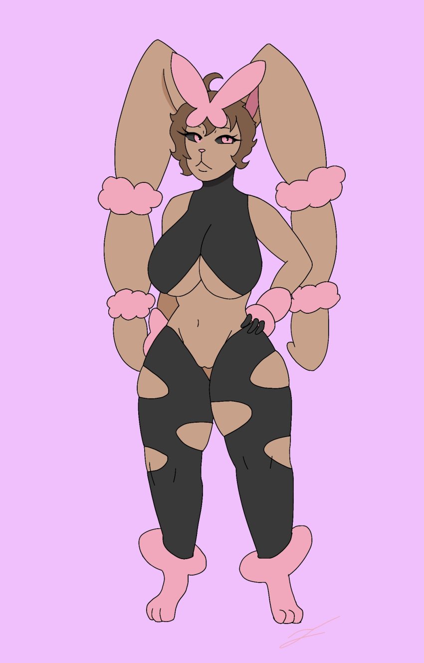 anthro big_breasts bonnie_(dirkstridoritos) cleavage dirkstridoritos female leggings long_ears lopunny mega_evolution mega_lopunny pokémon_(species) pokemon pokemon_(species) pussy_lips shiny_pokemon solo underboob