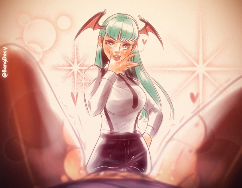 2girls after_cunnilingus after_fingering bangdacy big_breasts blouse blurry blush breasts clothing cunnilingus darkstalkers depth_of_field female female_only female_pov female_pubic_hair green_hair hand_on_hip head_wings heart heart-shaped_pupils licking lingerie long_hair morrigan_aensland multiple_girls necktie office_lady pantyhose pov pubic_hair pussy_juice ripped_clothes ripped_clothing saliva seductive seductive_look shirt smile sparkle spread_legs succubus suspenders thighhighs tongue tongue_out torn_clothes torn_legwear trembling upskirt yuri