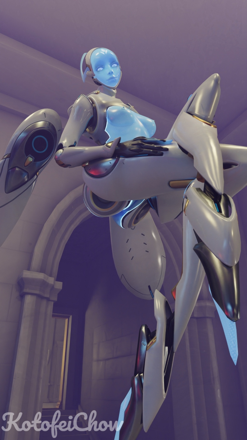 1girls 3d blender blizzard_entertainment breasts echo_(overwatch) female female_only kotofeichow legs_crossed omnic overwatch pussy robot_girl sitting small_breasts smile smiling