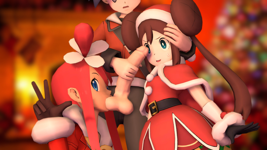 1boy 2girls 3d alternate_costume ball_sucking christmas clothed_female ethan_(pokemon) female holding holiday_rosa holiday_skyla_(pokemon_masters) large_penis nambus peace_sign penis pokemon pokemon_bw pokemon_bw2 pokemon_masters rosa_(pokemon) skyla_(pokemon) source_filmmaker staring_at_penis