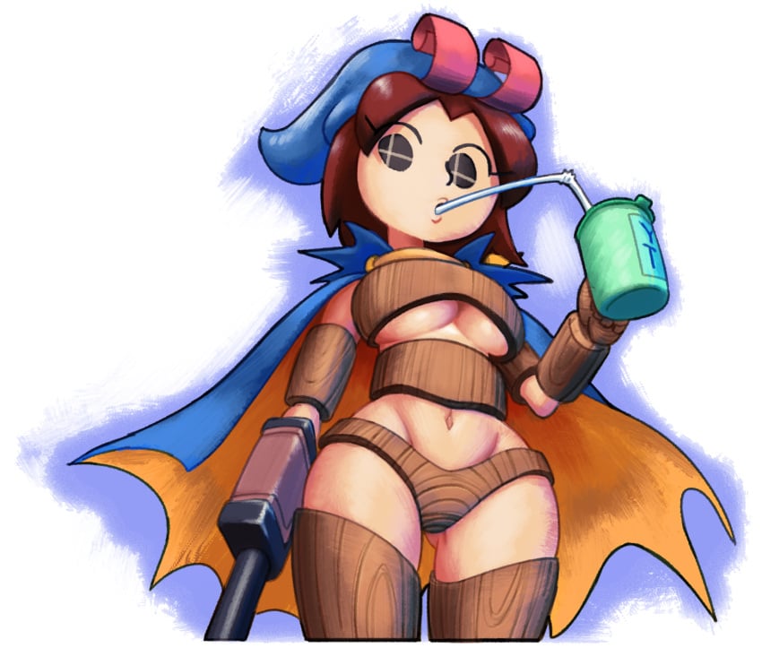 alternative_costume antennae arm_cannon bikini blue_cape blue_cloak blue_clothes blue_hat brown_hair cape cloak cosplay costume cowboy_shot drink drinking drinking_straw female female_solo functionally_nude geno_(mario) green_mug hat holding holding_mug holding_object looking_at_viewer looking_down mantle mario_(series) medium_hair meme midriff mii mii_fighter_costume mii_gunner mii_gunner_(smash_4) minus8 mob_face mug navel nintendo no_sclera nose parted_bangs prosthetic_arm puppet simple_background smash_ball solid_circle_eyes solo standing straw super_mario_rpg super_smash_bros. super_smash_bros._for_nintendo_3ds_and_wii_u super_smash_bros._ultimate tears thighhighs unconvincing_armor underboob viewed_from_below white_background wide_hips wood wooden_armor yellow_cape