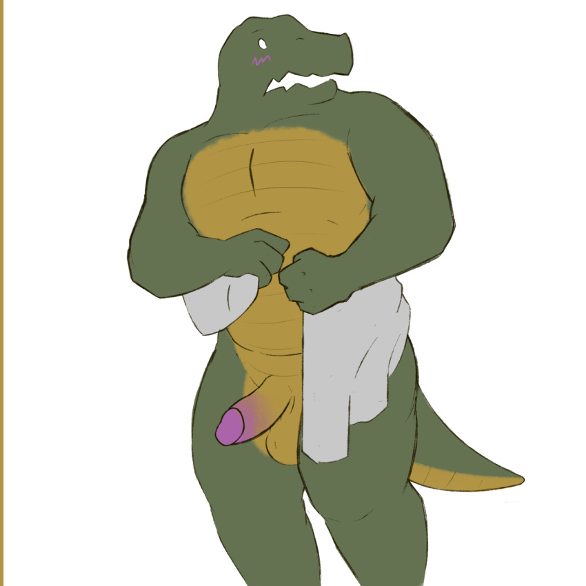 1boy alligator alligatorid anthro blush crocodilian cut_(disambiguation) genitals hi_res humanoid_genitalia humanoid_penis male male_only maodun open_mouth penis reptile scalie slightly_chubby solo towel