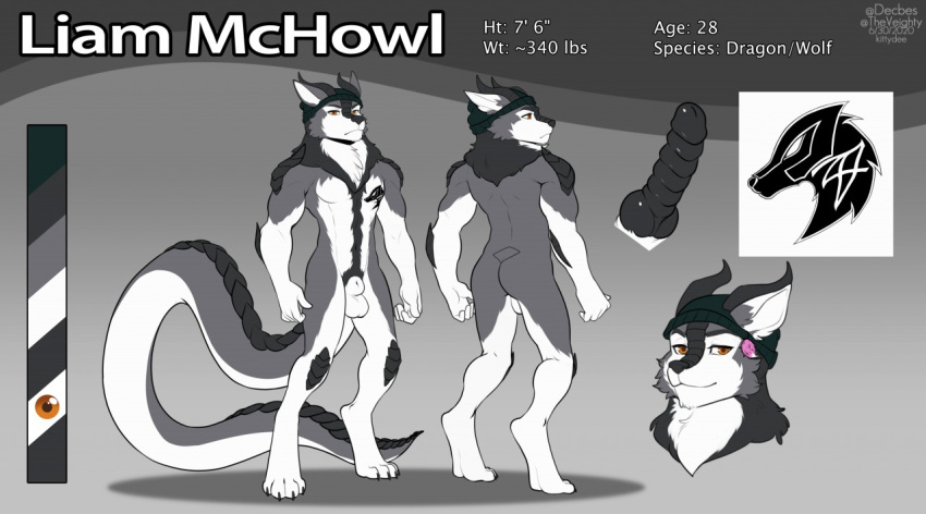 anthro beanie_hat canid canine canis dragon furry_only genitals horn hybrid kittydee knot liam_mchowl long_tail male mammal model_sheet penis ribbed_penis scales solo tattoo warwolf47 wolf