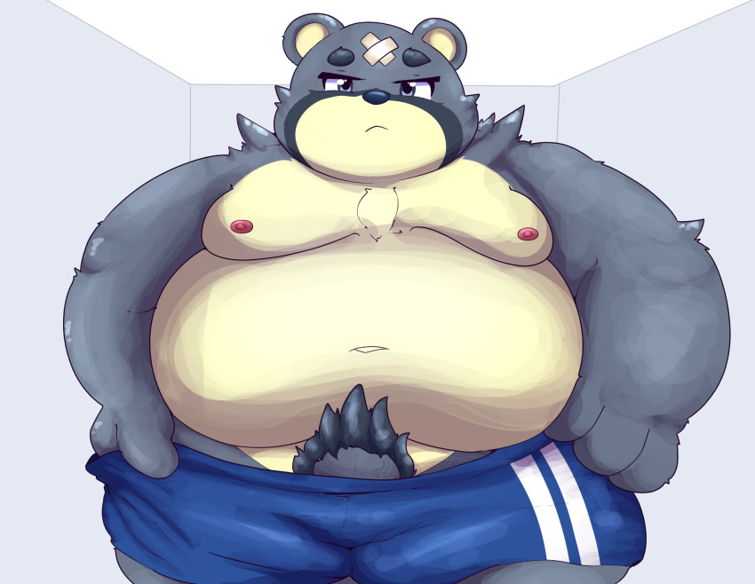 2020 animal_crossing anthro belly bottomwear clothing curt_(animal_crossing) genitals hi_res kemono kusosensei male mammal moobs nintendo nipples obese obese_anthro obese_male overweight overweight_anthro overweight_male penis pubes shorts solo ursid video_games