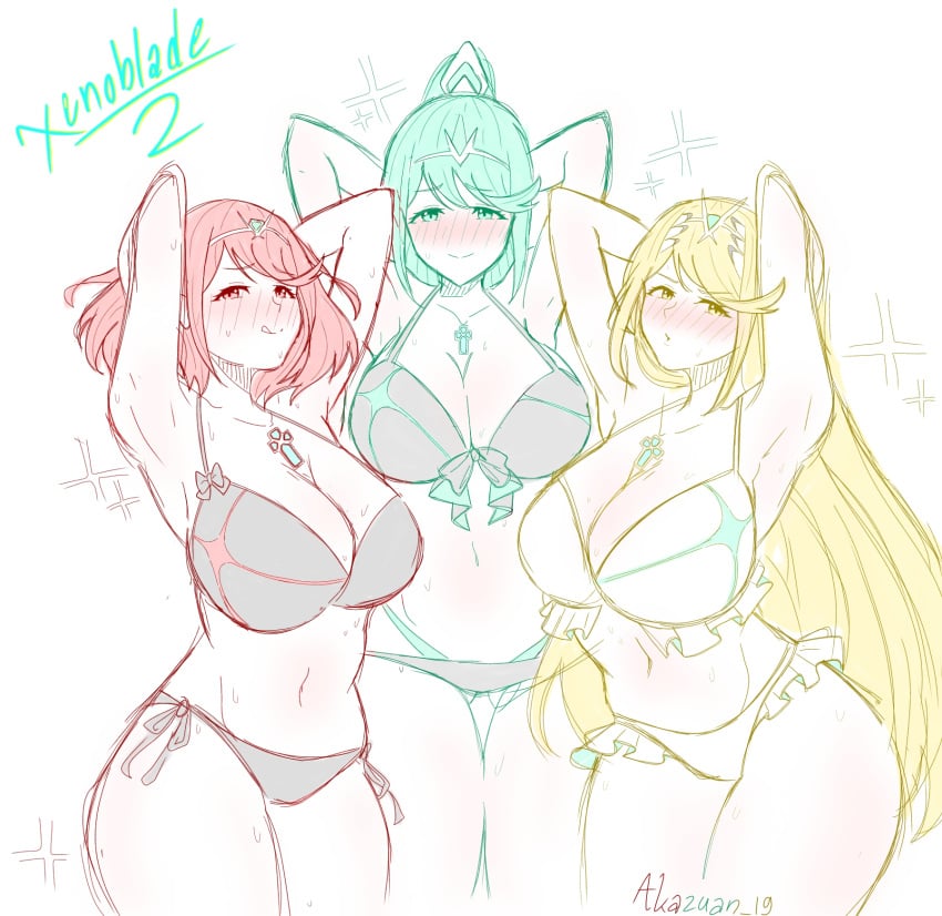 3girls akazuan_19 arms_behind_head artist_name big_breasts bikini black_bikini blush breasts busty cleavage colored_sketch female female_focus female_only gem green_eyes hair_ornament headpiece jewelry large_breasts long_hair looking_at_viewer mythra navel nintendo pneuma ponytail pose pyra red_eyes short_hair shy simple_background sketch staring swimsuit thighs tiara triple_persona very_long_hair wet white_background white_bikini xenoblade_(series) xenoblade_chronicles_2 yellow_eyes