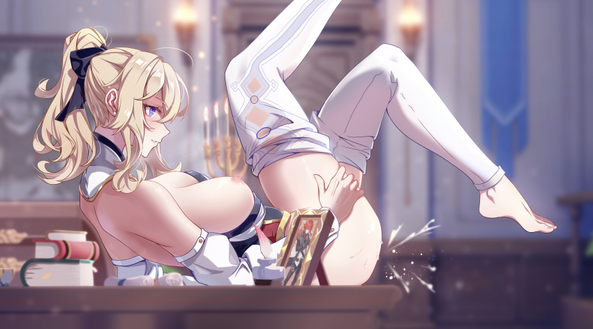 1boy absurdres bare_shoulders barefoot blonde_hair blue_eyes blush book breasts breasts_out candle detached_sleeves diluc_(genshin_impact) feet female from_side full_body genshin_impact highres huiqian indoors jean_gunnhildr large_breasts legs_up long_sleeves lying masturbation nipples on_back on_table pants pants_pull parted_lips photo_(object) picture_frame ponytail red_hair solo_focus table toes white_legwear