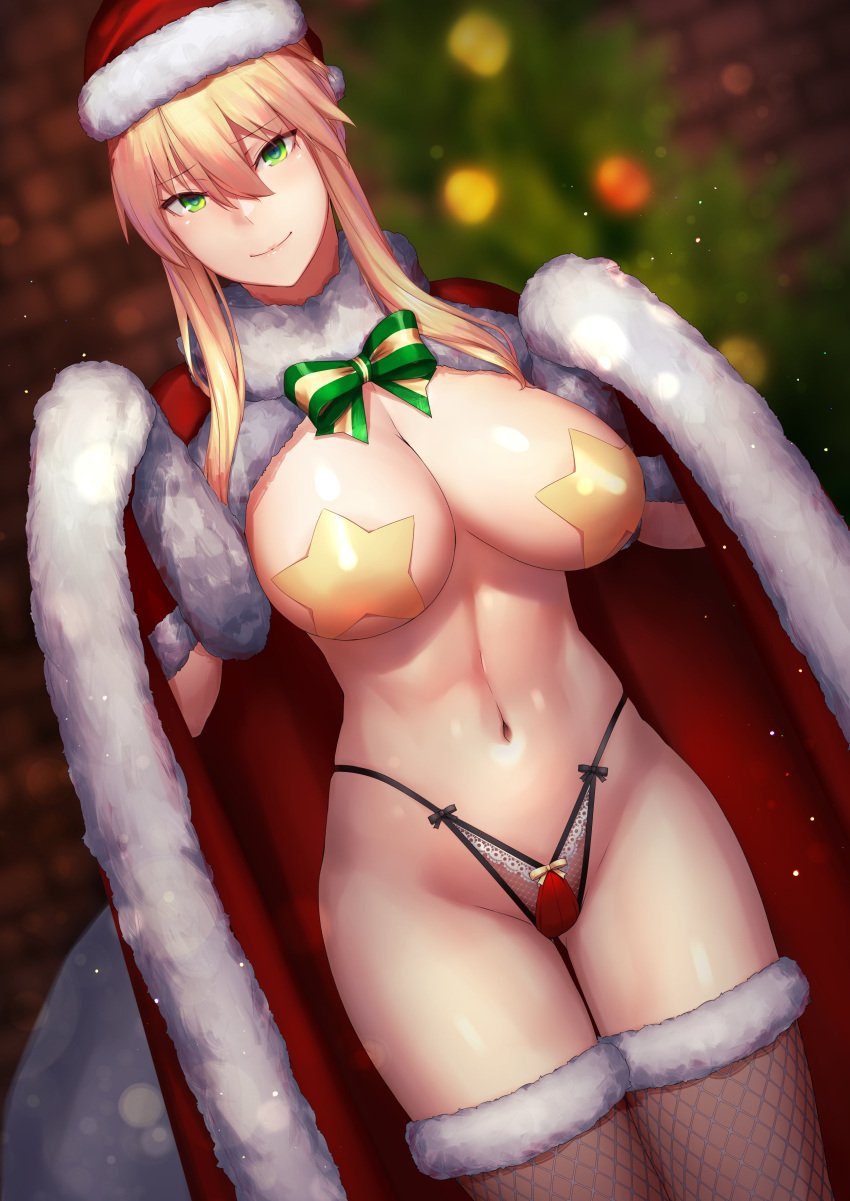 1girls absurdres artoria_pendragon artoria_pendragon_(lancer) bangs bare_shoulders big_breasts bikini bikini_bottom blonde_hair blurry blurry_background blush breasts cape christmas christmas_tree erect_nipples fate/grand_order fate_(series) female female_only fishnet_legwear fishnet_stockings fishnets fur_trim green_eyes hair_between_eyes hat highleg highres kageshio_(276006) large_breasts long_hair looking_at_viewer navel pasties red_cape red_headwear santa_costume santa_hat sidelocks smile solo solo_female star_pasties swimsuit thighhighs yellow_pasties