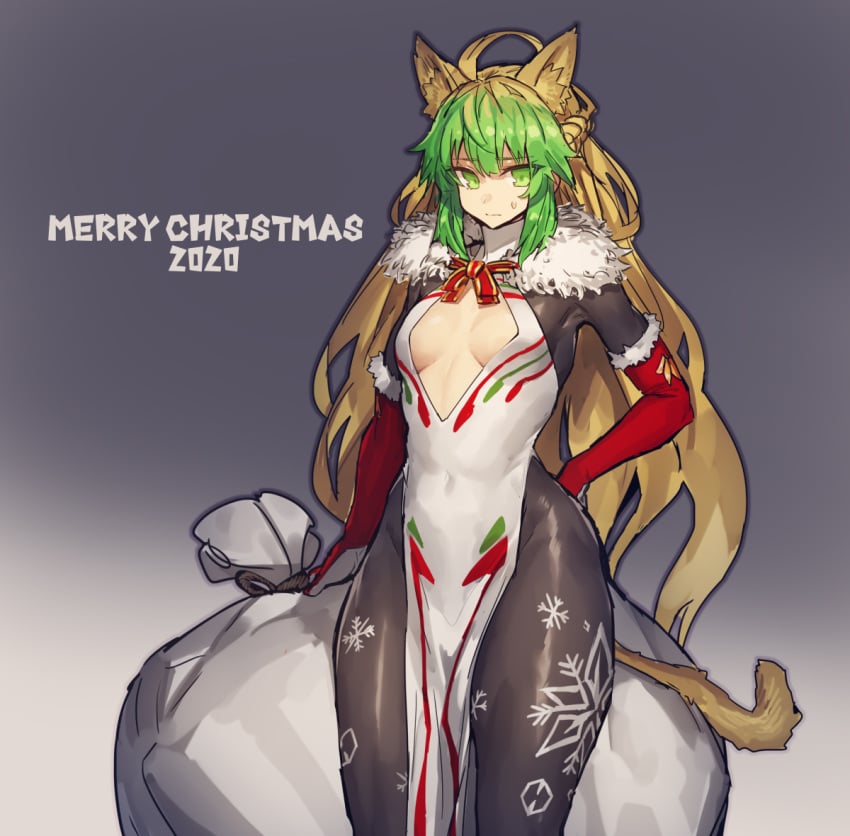 alternate_costume atalanta_(fate) bodysuit brown_hair cat_ears cat_tail catgirl christmas cleavage curvy exposed_breasts fate/apocrypha fate/grand_order fate_(series) gradient_hair green_eyes green_skin just_(eserin) long_hair looking_at_viewer melon22 santa_costume small_breasts sweatdrop wide_hips