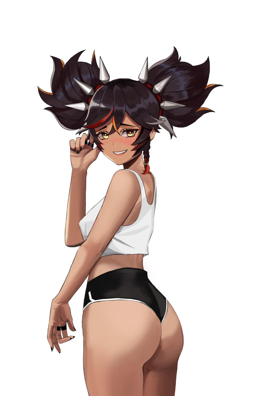 1girls absurd_res ass bellone black_fingernails black_hair black_nails blush booty_shorts braided_hair butt casual cropped_legs dark-skinned_female dark_skin dat_ass female female_only genshin_impact highleg highleg_shorts highres looking_at_viewer midriff mihoyo minishorts nipple_bulge perky_breasts petite pigtails presenting_ass short_shorts shorts shy skinny small_breasts smile smiling solo spiked_hairband spikes tank_top teenager twintails white_background xinyan_(genshin_impact) yellow_eyes