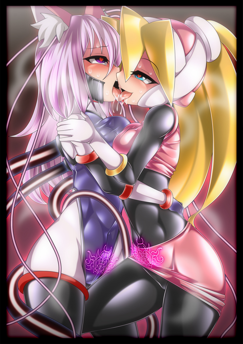 2girls ahe_gao blonde_hair blue_eyes cat_ears character_request ciel_(mega_man) copyright_request drool drooling embrace femdom femsub hand_on_shoulder heart-shaped_pupils heart_eyes hugging kissing latex latex_clothing latex_gloves latex_stockings latex_swimsuit mega_man multiple_girls pubic_tattoo purple_eyes purple_hair shiro smile steam sunny sweat tongue_kiss tubes white_bodysuit white_gloves white_hair wires yuri