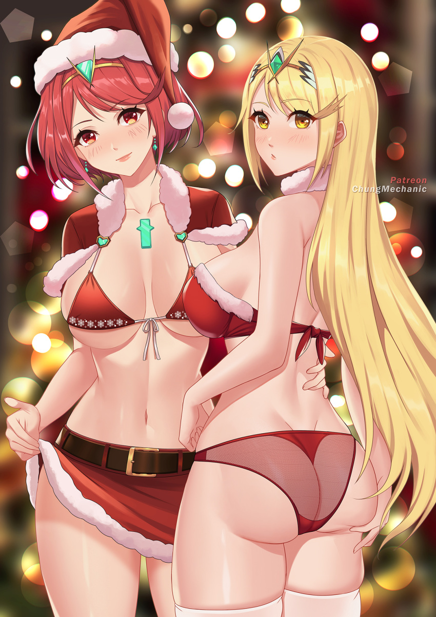 2girls artist_name ass ass_grab bangs belt bikini blonde_hair blurry blurry_background blush breasts brown_eyes chest_jewel christmas chungmechanic closed_mouth collarbone cowboy_shot earrings eyebrows_visible_through_hair from_behind hand_on_another's_waist hat highres jewelry large_breasts long_hair looking_at_viewer multiple_girls mythra navel panties patreon_username pyra red_eyes red_hair red_headwear red_panties red_skirt santa_bikini santa_hat short_hair sideboob skirt skirt_lift smile swept_bangs swimsuit thighhighs tiara underwear white_legwear xenoblade_(series) xenoblade_chronicles_2