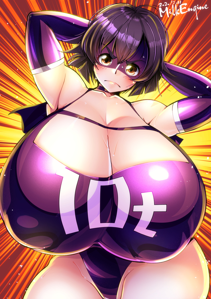 10t 1girls alternate_version_available areola_bulge blush breasts cleavage elbow_gloves female gigantic_breasts gloves hands_behind_head huge_breasts kyosuke_fujiwara leotard milk_engine my_hero_academia nipple_bulge purple_hair short_hair solo tagme wide_hips