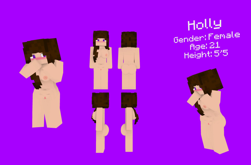 3d big_breasts brown_hair character female female_only holly_(spongee) human mine-imator minecraft nude purple_eyes solo spongee tagme teenager