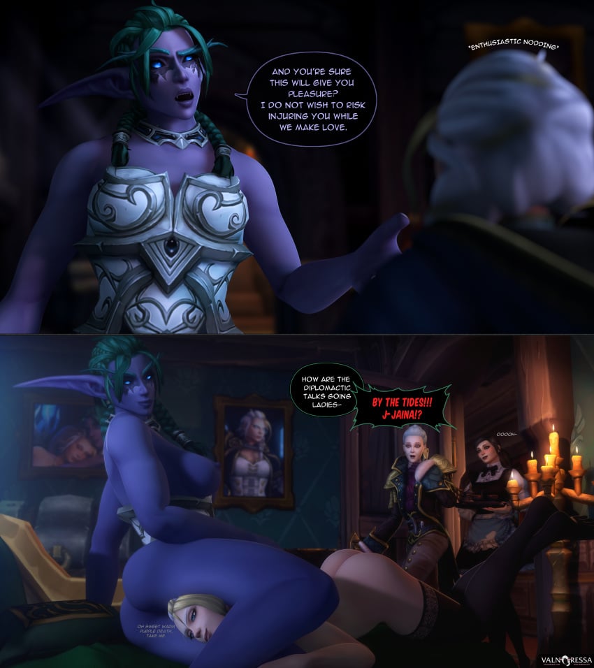 3d 4girls age_difference bed bedroom candelabra candle cheating choking comic dialogue elf_female english_text funny glowing_eyes head_between_thighs human human_(warcraft) human_(world_of_warcraft) humor jaina_proudmoore katherine_proudmoore living_the_dream looking_pleasured maid mansion milf mother_and_daughter night_elf night_elf_female partially_clothed romantic romantic_couple satisfied shocked shocked_expression speech_bubble stockings text thigh_sex thighs tyrande_whisperwind valnoressa world_of_warcraft wow yuri