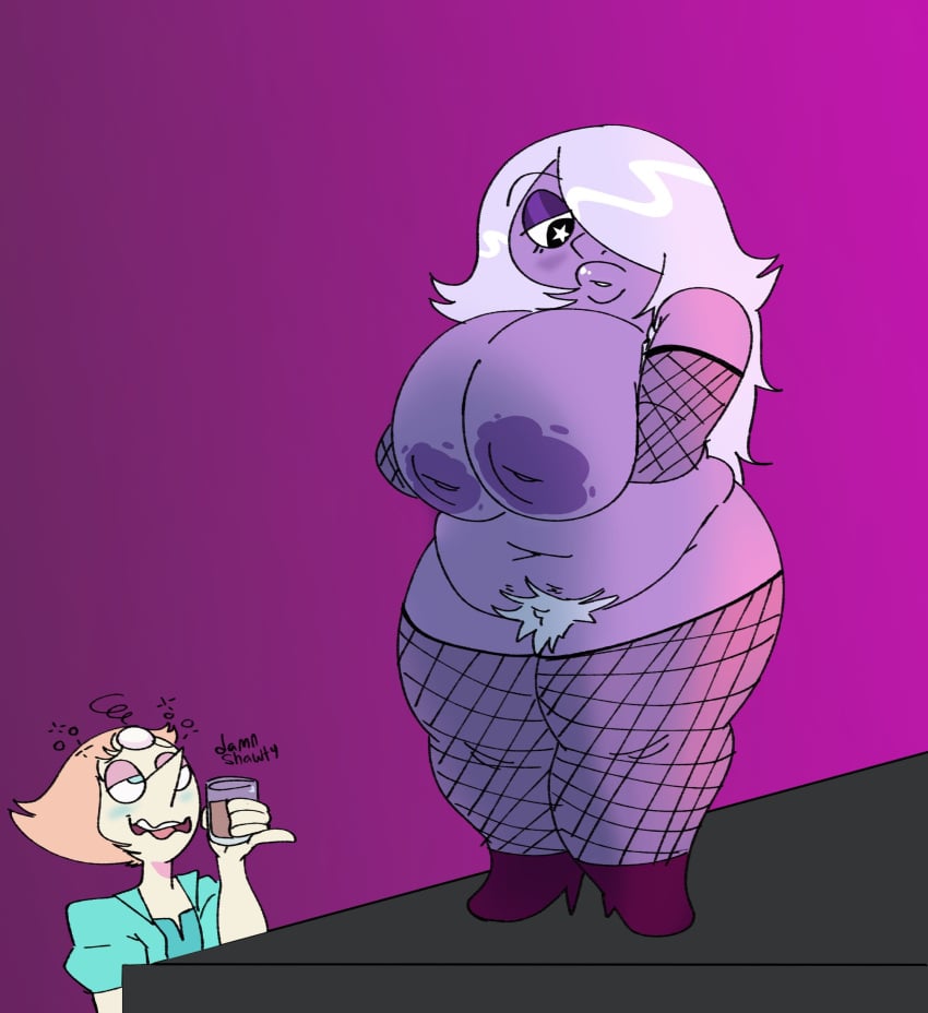 2girls amethyst_(steven_universe) areolae big_breasts big_nipples chubby cl0wn_meat fat fat_woman female female_only fishnets hairy_pussy multiple_girls pearl_(steven_universe) steven_universe tagme yuri