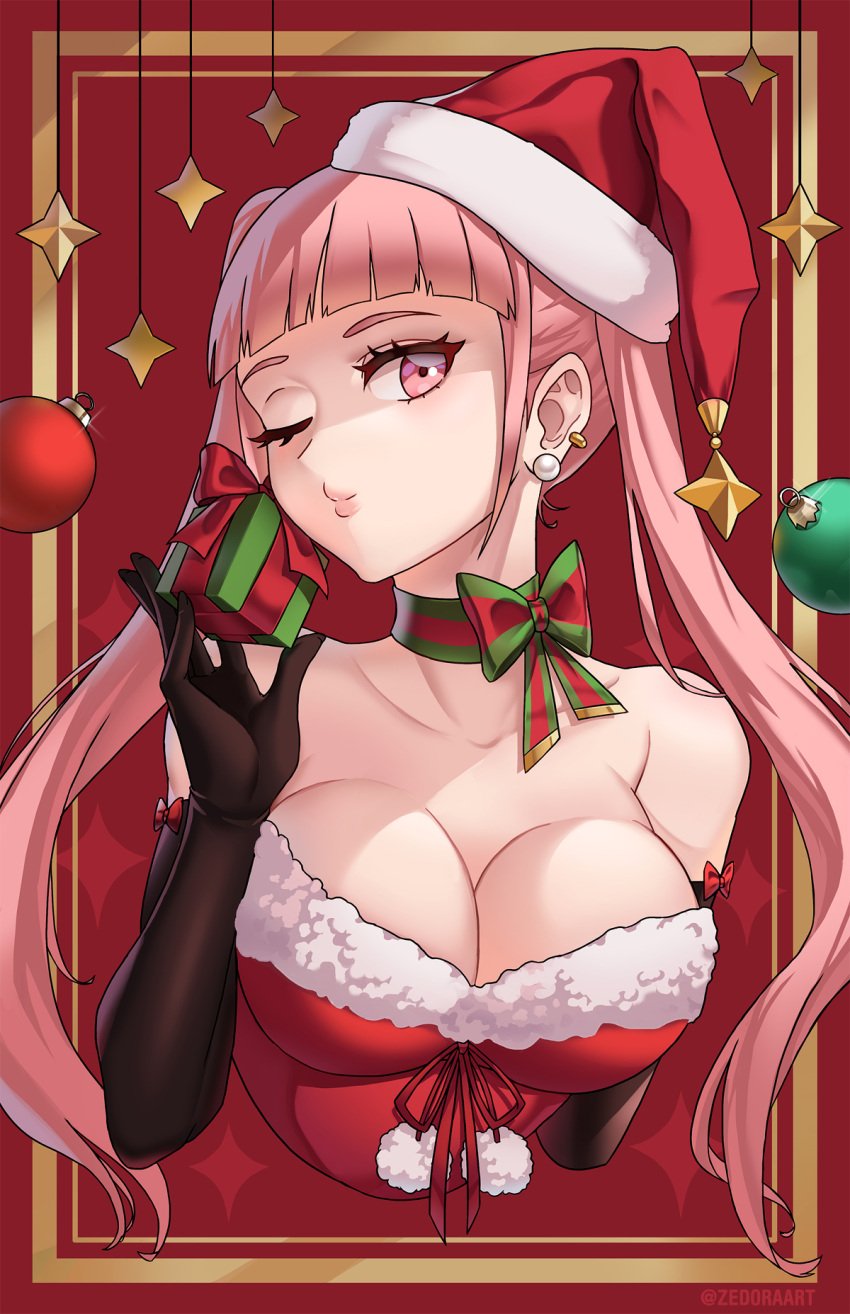 1girls alternate_costume bare_shoulders black_gloves blunt_bangs bow box breasts choker christmas christmas_ornaments cleavage collarbone commentary dress earrings elbow_gloves english_commentary female fire_emblem fire_emblem:_three_houses fire_emblem_heroes fur-trimmed_dress fur-trimmed_headwear fur_trim gift gift_box gloves green_bow hat highres hilda_valentine_goneril hilda_valentine_goneril_(winter) holding holding_gift jewelry large_breasts lips long_hair looking_at_viewer multicolored_bow nintendo one_eye_closed pink_eyes pink_hair red_background red_bow red_dress red_ribbon ribbon santa_costume santa_hat solo star_(symbol) twintails twitter_username wink zedoraart