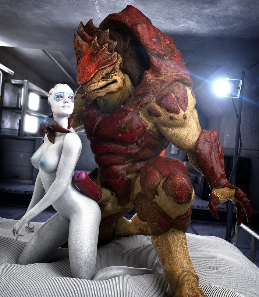 1boy 1girls 3d alien alien_humanoid animal_genitalia animal_penis asari asarimaniac balls bed bioware body_paint breasts duo erection facepaint female full_body_paint furniture genitals hi_res humanoid imminent_sex interspecies krogan larger_male male mass_effect medium_breasts multi_balls multi_genitalia muscular muscular_male neck_grab nipples nude on_bed penis penis_on_butt silver_body size_difference smaller_female straight urdnot_wrex video_games white_body