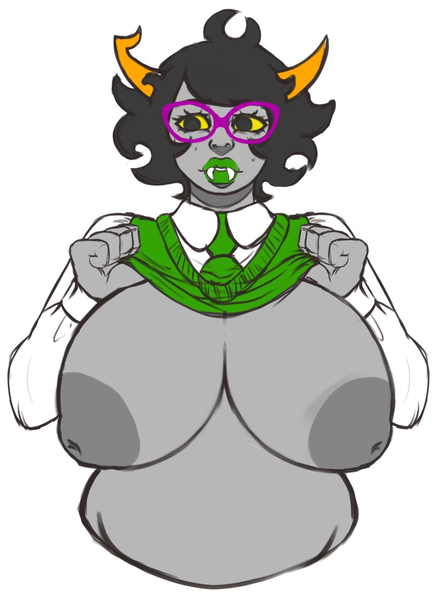 1girls 2020 big_breasts black_hair breasts fangs glasses green_lips grey_skin hella_sweetlamb hiveswap horns lynera_skalbi ms_paint_adventures nipples sharp_teeth short_hair solo sweat sweater sweater_lift troll white_background yellow_eyes