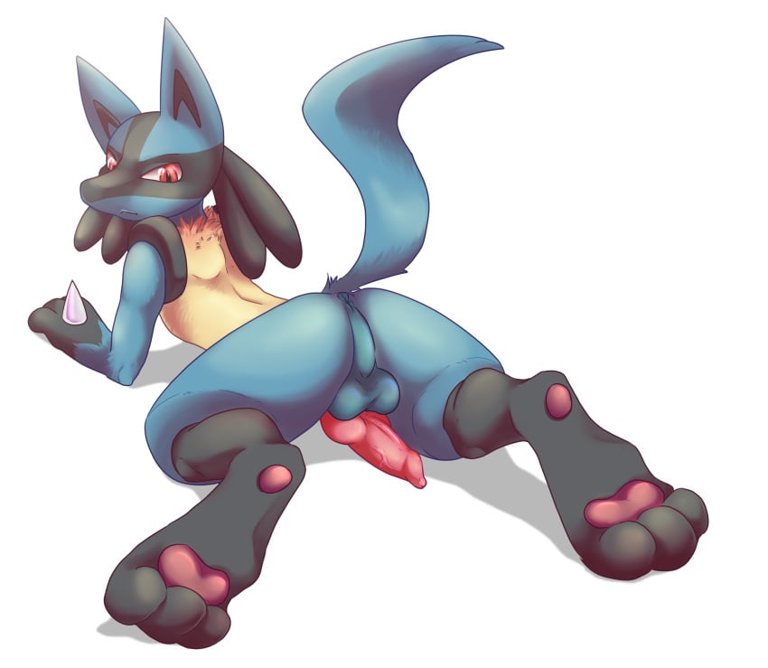 absurd_res alpha_channel anthro anus ass balls black_body black_skin blue_body blue_fur canid canine erection fur genitals hi_res looking_at_viewer lucario lying male male_only mammal murzikteijiro nintendo on_front on_ground pawpads paws penis pokemon pokemon_(species) presenting raised_tail red_eyes simple_background solo spikes spread_legs spreading transparent_background video_games yellow_body yellow_fur