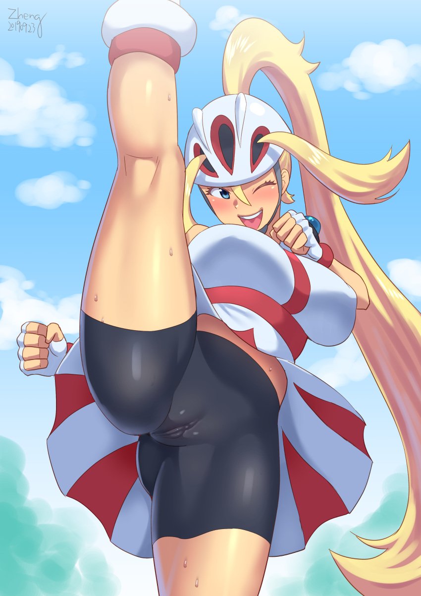 1girls 2019 absurd_res alternate_breast_size ass big_breasts bike_shorts bike_shorts_under_skirt blue_eyes blush breasts busty cameltoe clothed clothing dated erect_nipples eye_contact female female_only fingerless_gloves flexible fully_clothed gloves gym_leader helmet high_resolution human human_only kicking korrina_(pokemon) large_ass large_breasts leg_up long_hair looking_at_viewer nintendo nipple_bulge nipples no_panties one_eye_closed outdoors pokemon pokemon_xy pose pussy sensual shirt shorts skin_tight skirt skirt_lift smile solo solo_female splits spread_legs standing sweat text thick_thighs uncensored vertical_splits watermark wet wide_hips wink zheng