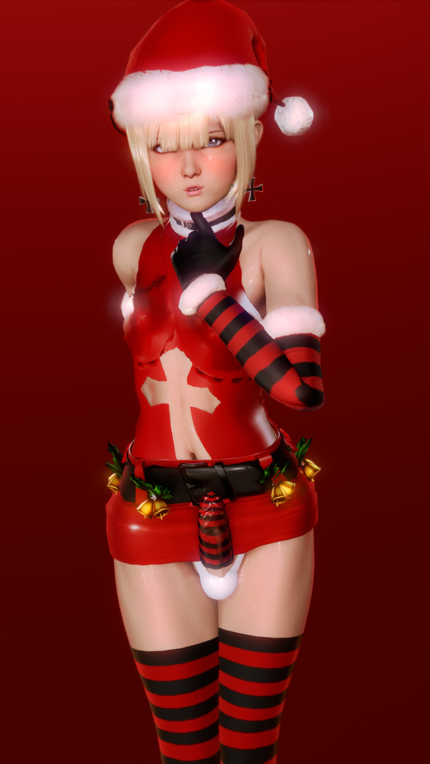 1boy 3d bells blonde_hair blue_eyes blush christmas christmas_outfit embarrassed femboy lips po-ju poju saint_nico_(po-ju) santa_hat skoid stockings trap wrapped_penis