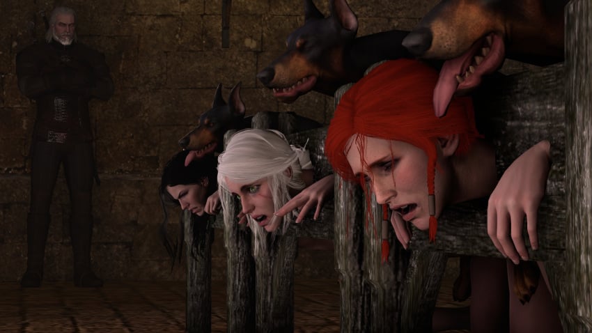 1boy 3animals 3d 3girls black_hair canid canine canis cd_projekt_red ciri dog doggy_style domestic_dog dominant_feral dubious_consent forced geralt_of_rivia red_hair restrained shittyhorsey stocks submissive_female the_witcher the_witcher_(series) the_witcher_2 the_witcher_3:_wild_hunt triss_merigold white_hair yennefer zoophilia