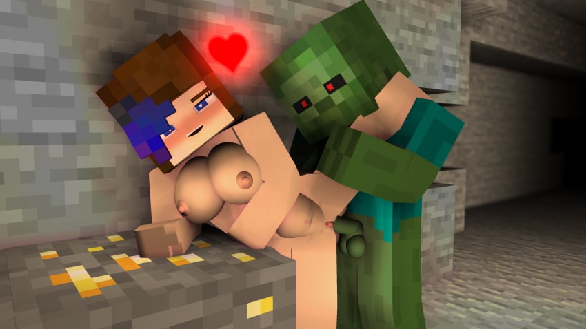 3d big_breasts blue_eyes brown_hair character female female_only from_behind human mine-imator minecraft mobtalker_mod monster nude oc poppy_(spongee) solo spongee straight teenager tsundere vaginal_penetration zombie zombie_(minecraft)