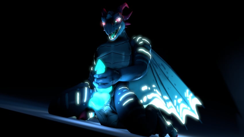 16:9 1boy 3d_(artwork) a1ph4w01v anthro blue_body blue_scales claws digital_media_(artwork) diphallia diphallism dragon genitals glowing glowing_eyes glowing_genitalia glowing_wings hi_res hush_(character) kneeling male male_only multi_genitalia multi_penis muscular muscular_male penis penis_grab red_claws scales scalie solo source_filmmaker widescreen wings