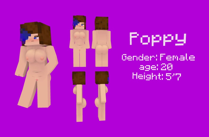 3d blue_eyes breasts brown_hair character female female_only human mine-imator minecraft nude oc poppy_(spongee) solo spongee tagme teenager tsundere