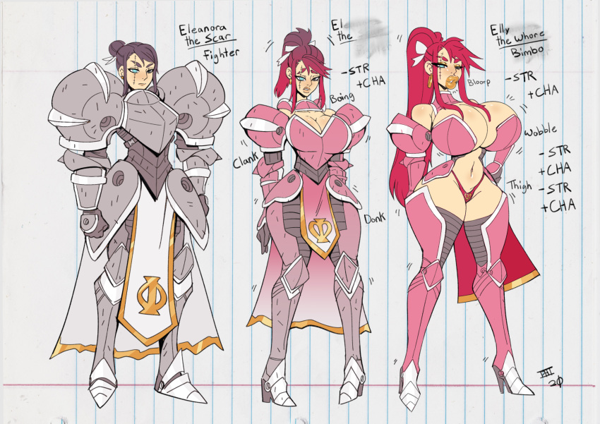 armor bikini_armor bimbo bimbofication bimbophi breast_expansion dungeons_and_dragons english_text female_only high_heel_boots high_heels huge_breasts onomatopoeia pink_hair ponytail tagme thick_thighs thin_waist thong transformation wide_hips wobble wobbling_breasts