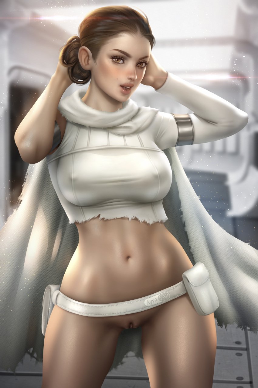 a_new_hope attack_of_the_clones ayyasap belly big_breasts bottomless brown_eyes brown_hair clitoris erect_nipples milf natalie_portman nipple_bulge no_panties padme_amidala pussy shaved_pussy star_wars tantive_iv uncensored vagina voluptuous