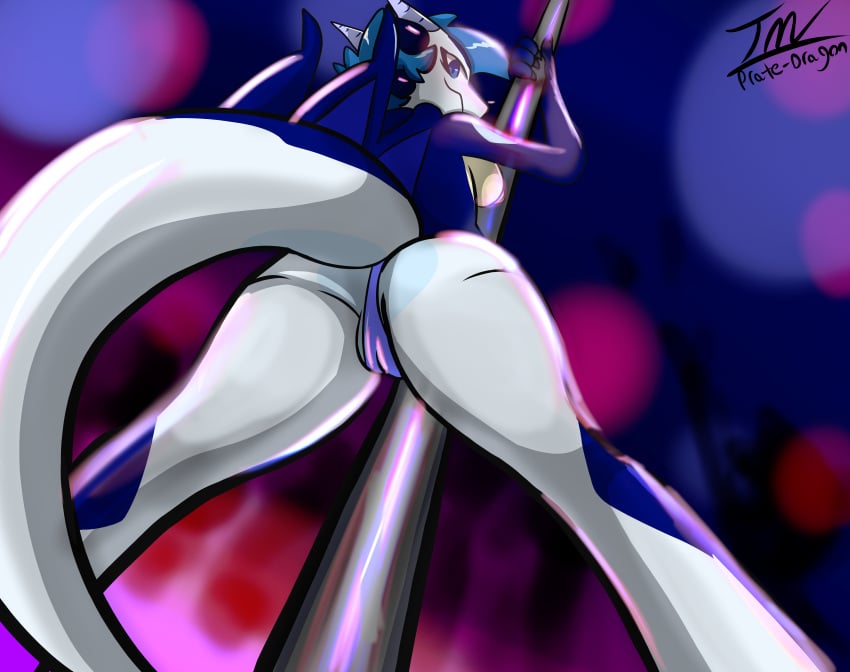 2020 abstract_background absurd_res anthro ass blue_eyes blue_hair breasts cameltoe dragon female hair hi_res horn kiloe_(prate) looking_at_viewer low-angle_view nipples partially_visible_vulva pole prate side_boob signature solo stripper_pole wings