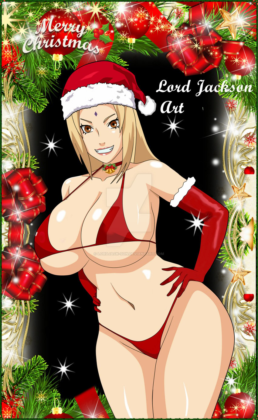 1girls arm_gloves armwear bangs bare_shoulders big_breasts bikini blonde blonde_hair breasts brown_eyes choker christmas christmas_hat christmas_outfit cleavage collarbone curvy curvy_figure deviantart facial_mark female female_only forehead_mark fur_trim gloves grin hands_on_hips hat hourglass_figure huge_breasts large_breasts licking long_hair looking_at_viewer lord_jackson_art makeup micro_bikini naruto naruto_(series) naruto_shippuden posing santa_hat skimpy smile solo solo_female standing swimsuit teeth tsunade underboob watermark wide_hips