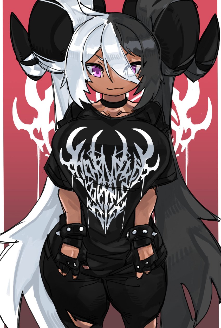 1girls ahoge aife_(zanamaoria) big_horns black_metal choker curved_horn dark-skinned_female dark_skin female female_only fingerless_gloves grey_hair hair_on_horn horns long_hair looking_at_viewer metalhead original pink_eyes solo solo_female solo_focus spiked_bracelet succubus t-shirt tan_skin tanline thick_thighs torn_pants two_tone_hair very_high_resolution white_hair wide_hips zanamaoria