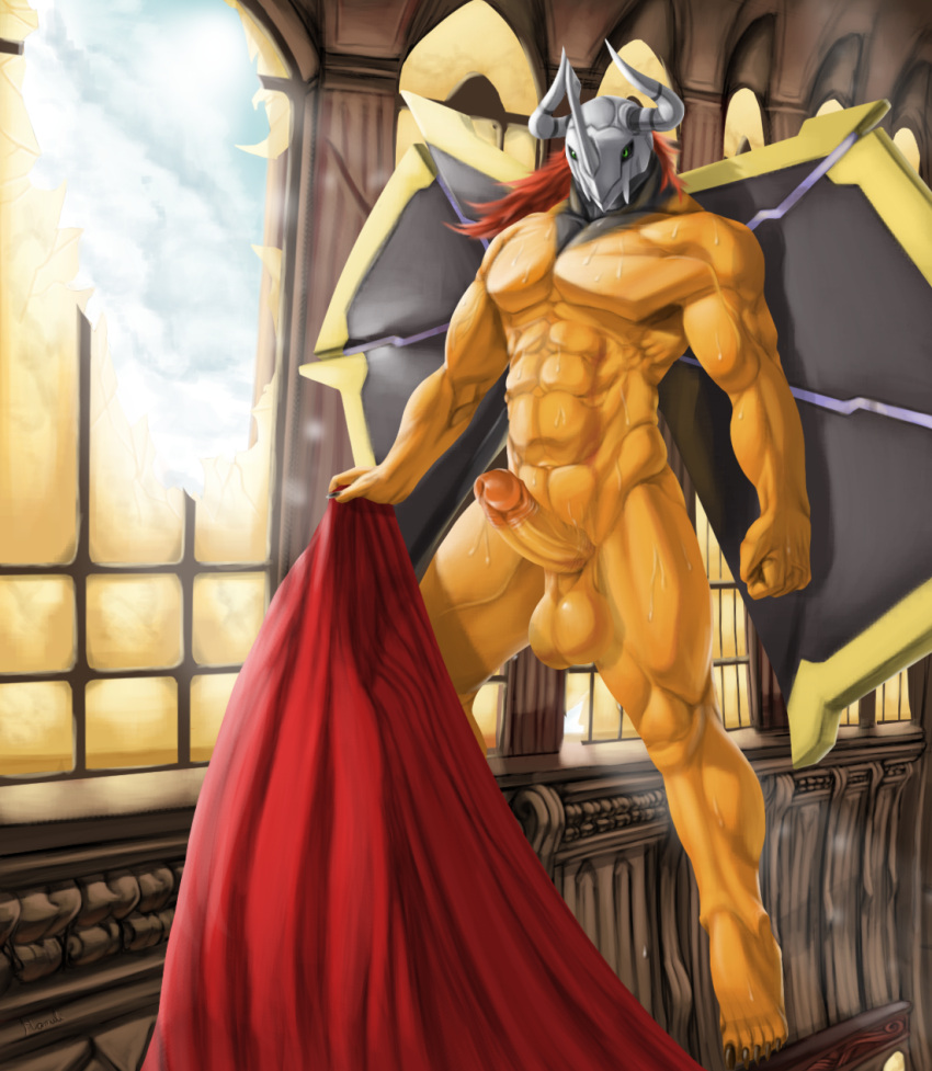 anthro armor balls big_balls claws digimon digimon_(species) erection genitals glass hamili hi_res horned_helmet humanoid humanoid_genitalia looking_at_viewer male male_only muscular muscular_male orange_body orange_skin pecs penis solo vein wargreymon wet wet_body wood