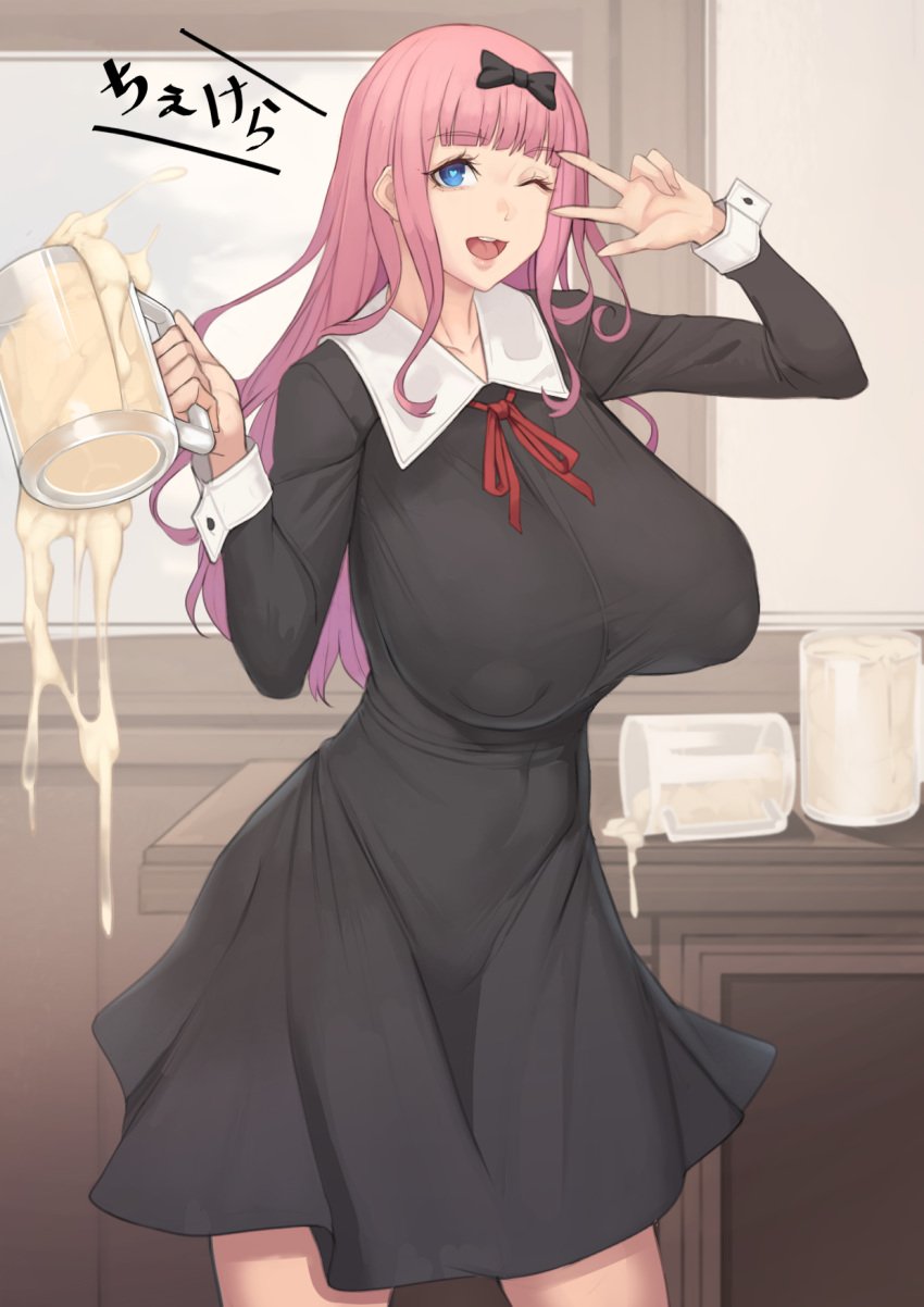 1girls bangs bell big_breasts black_bow blue_eyes blunt_bangs blush bow breasts bunny_girl cleavage cum cum_in_container cum_in_cup curvaceous dress female fujiwara_chika gokkun hair_bow hair_ornament heart high_resolution huge_breasts kaguya-sama_wa_kokurasetai_~tensai-tachi_no_renai_zunousen~ large_breasts long_hair looking_at_viewer metal_owl navel open_mouth pink_hair shiny shiny_hair shiny_skin sideboob smile solo_focus text thick_thighs thigh_gap thighs wide_hips