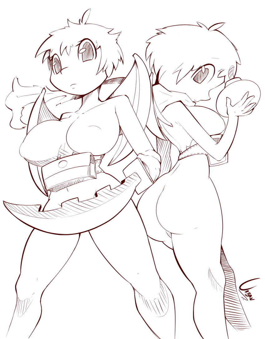 2girls ass belt bomb disgaea humanized large_breasts monochrome nippon_ichi_software prinny short_hair sketch sword urban-centre