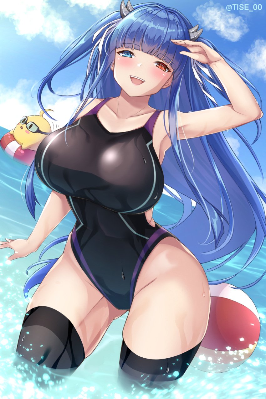 1animal 1girls azur_lane big_breasts blue_hair blush heterochromia horns ibuki_(azur_lane) light-skinned_female light_skin long_hair manjuu_(azur_lane) one-piece_swimsuit red_eyes rikiddo_(tise_00) sakura_empire_(azur_lane) smile stockings swimsuit wet_clothes