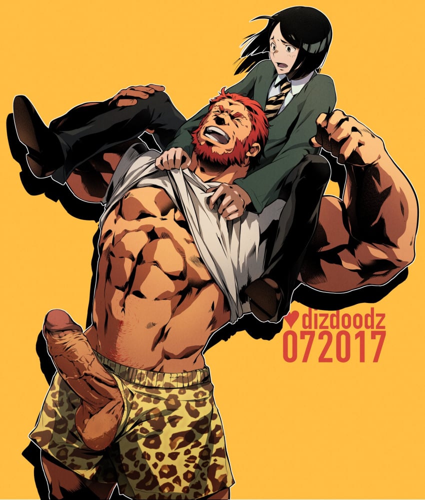 2boys abs artist_name bara bare_pecs beard biceps black_hair boner carrying cowboy_shot dark-skinned_male dark_skin dizdoodz erection facial_hair fate/grand_order fate/zero fate_(series) flexing highres iskandar_(fate) leaning_back lifted_by_another male_focus male_only multiple_boys muscular muscular_male navel navel_hair necktie nipples pectorals penis pose red_eyes red_hair shirt shirt_lift short_hair shorts shoulder_carry smile stomach t-shirt testicles thick_thighs thighs uncensored veins veiny_penis white_shirt yaoi yellow_shorts