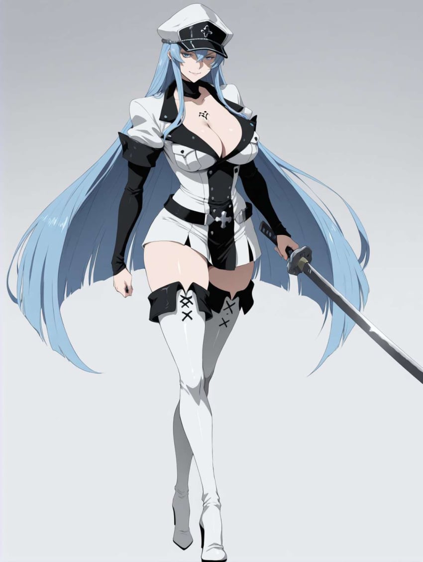 ai_generated akame_ga_kill! bewitching_thighs blue_hair esdeath_(akame_ga_kill!) full_body high_heel_boots long_hair shu