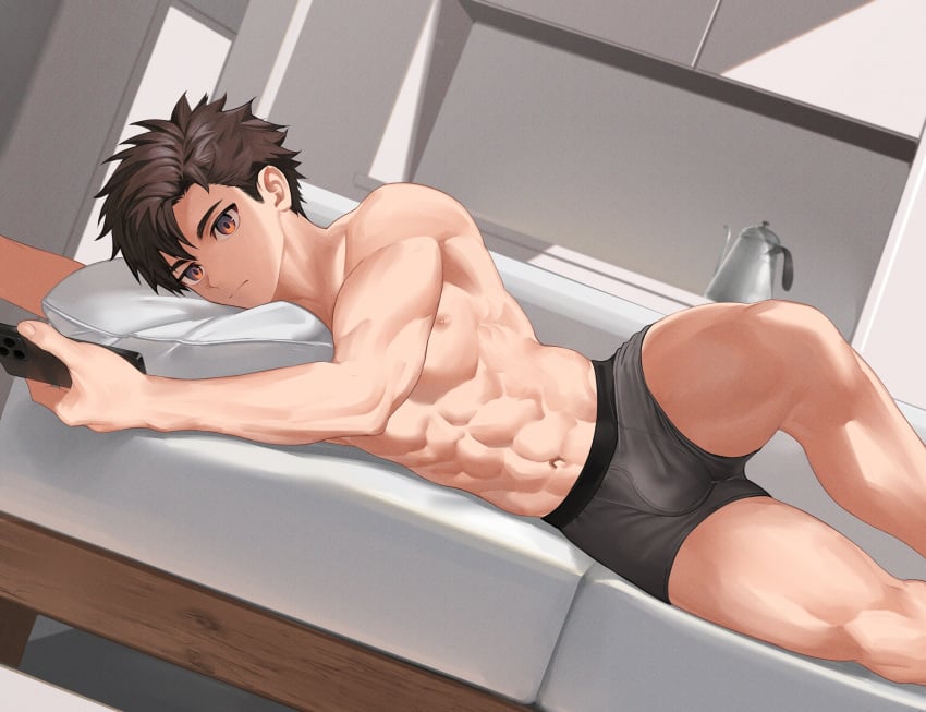 1boy abs biceps big_areola big_bulge boxers brown_hair bulge bulge_through_clothing couch cushion dutch_angle gay hi_res holding_phone indoors kettle looking_at_phone lying lying_on_couch lying_on_side male male_only mature_male muscles muscular muscular_arms muscular_legs muscular_male muscular_thighs navel nayoshi_(r-744) neutral_expression orange_eyes original original_character pecs phone shadow short_hair six_pack smartphone solo topless underwear_only watching_porn yaoi young