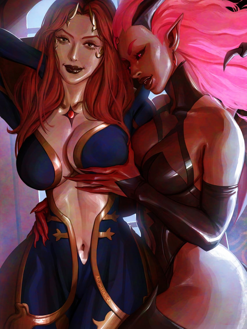 2girls alternate_version_available ass azuma_yasuo azumaarts big_breasts black_sclera blue_eyes breast_grab breasts castlevania castlevania_(netflix) castlevania_nocturne chocolate_and_vanilla cleavage clothed clothed_female dark-skinned_female dark_skin drolta_tzuentes drolta_tzuentes_(hybrid_form) duo duo_focus erzsebet_bathory female female_only horns huge_breasts humanoid interracial interracial_yuri light-skinned_female light_skin long_hair looking_at_viewer navel netflix nipples pink_eyes pink_hair pointy_ears red_hair red_lipstick thick_thighs vampire villainess wide_hips yuri