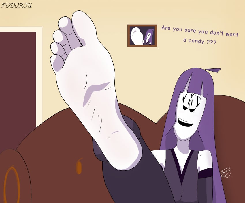 5_toes artist_name black_eyelashes black_eyeliner camera clothed clothed_female couch deviantart door feet female female_focus female_only foot_fetish foot_focus furniture home lila_(spooky_month) looking_at_viewer open_mouth painting pale-skinned_female pale_skin podorou purple_hair sole soles spooky_month sr_pelo text toes