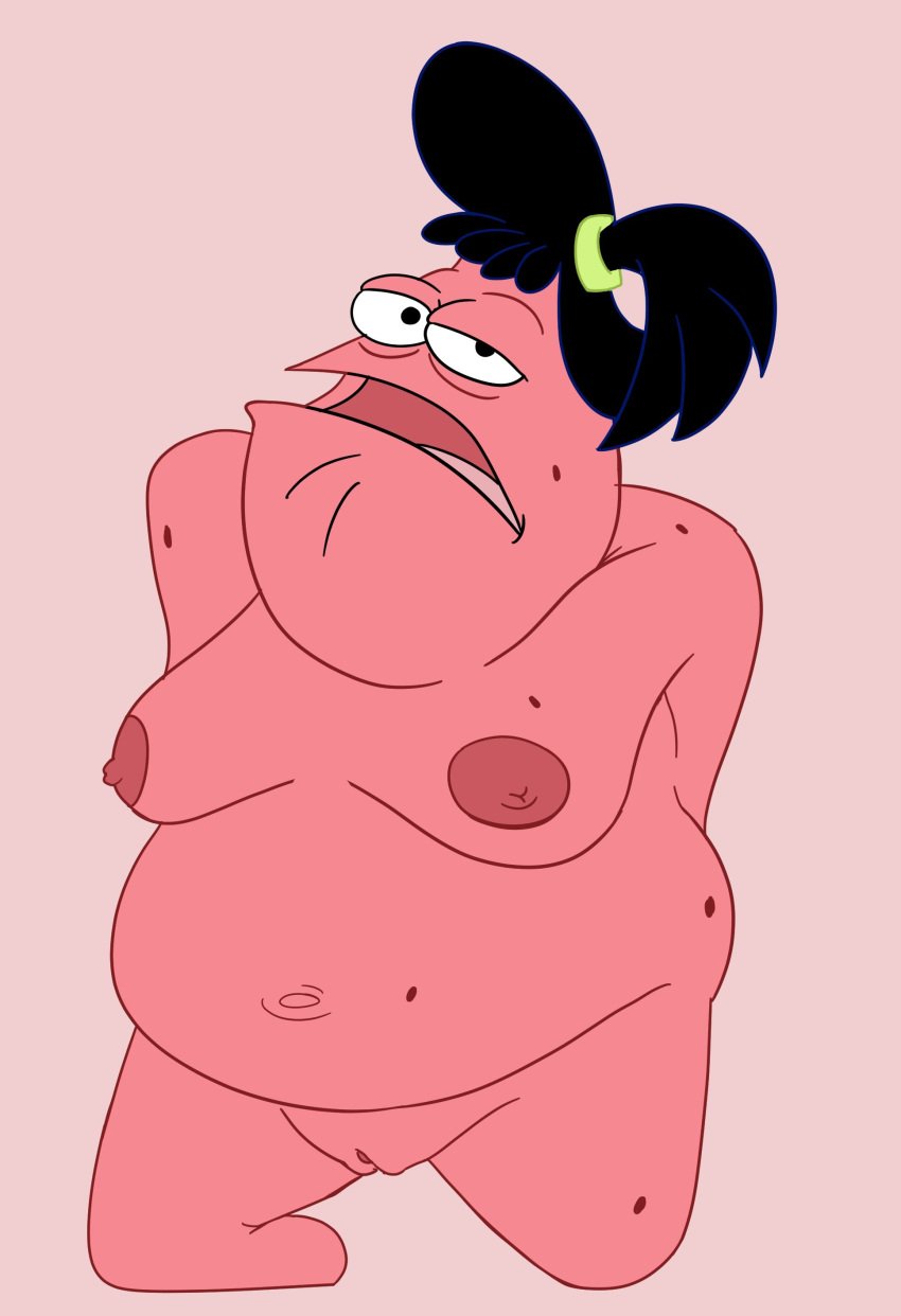 absurd_res anthro asterozoan bent_legs big_nipples black_hair bob-jiggles breasts echinoderm female genitals hair half-closed_eyes hands_behind_head hi_res kneeling looking_at_viewer marine narrowed_eyes navel nickelodeon nipples non-mammal_breasts open_mouth pink_body pinup pinup_pose ponytail pose pussy sam_star scrunchie smooth_skin solo spongebob_squarepants spots starfish tongue