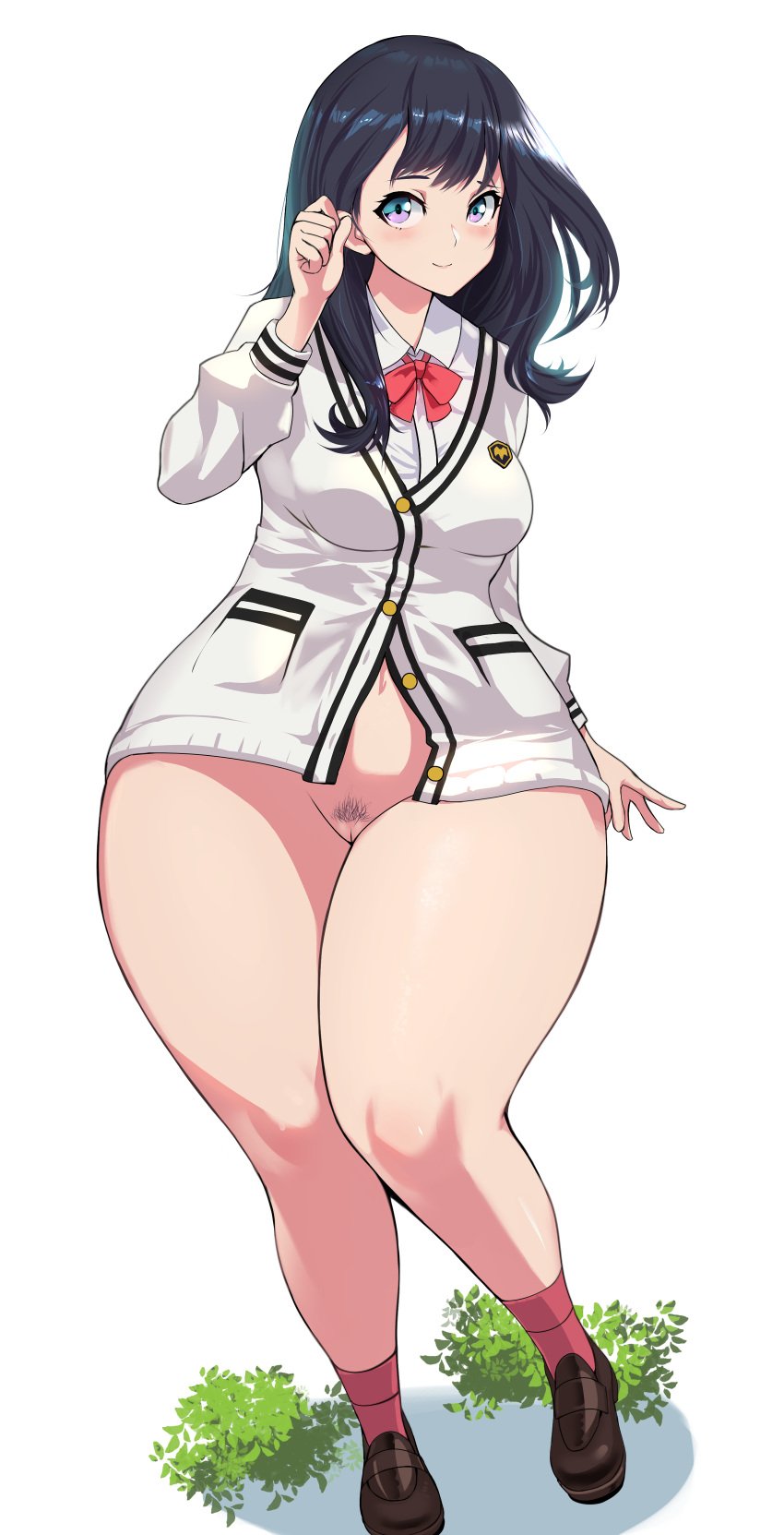 10s absurdres black_hair blue_eyes bottomless breasts cigusa cleft_of_venus female female_pubic_hair full_body highres legs loafers long_hair long_sleeves looking_at_viewer medium_breasts pubic_hair pussy school_uniform shoes simple_background skirt socks solo ssss.gridman standing takarada_rikka thick_thighs thighs white_background wide_hips